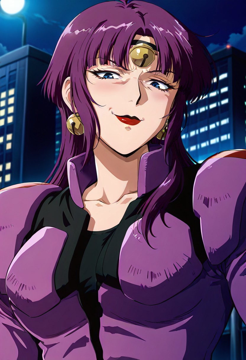 ((masterpiece, absurdres)), best quality, amazing quality, newest, 4k, anime coloring, very aesthetic, ray tracing, Smooth Quality, CG, source_anime,street view,city,night, moonlight,Fuala,blue eyes, 1 mature female, long hair, purple hair, red lips, bell headband, bell earrings, purple pilotsuit,black t-shirt,smirk