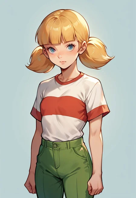score_9, score_8_up, score_7_up, score_6_up, score_5_up, score_4_up, source_cartoon, 1girl, penny \(inspector gadget\),
shirt, stripe, green pants, blue eyes, blond hair, simple background, solo,