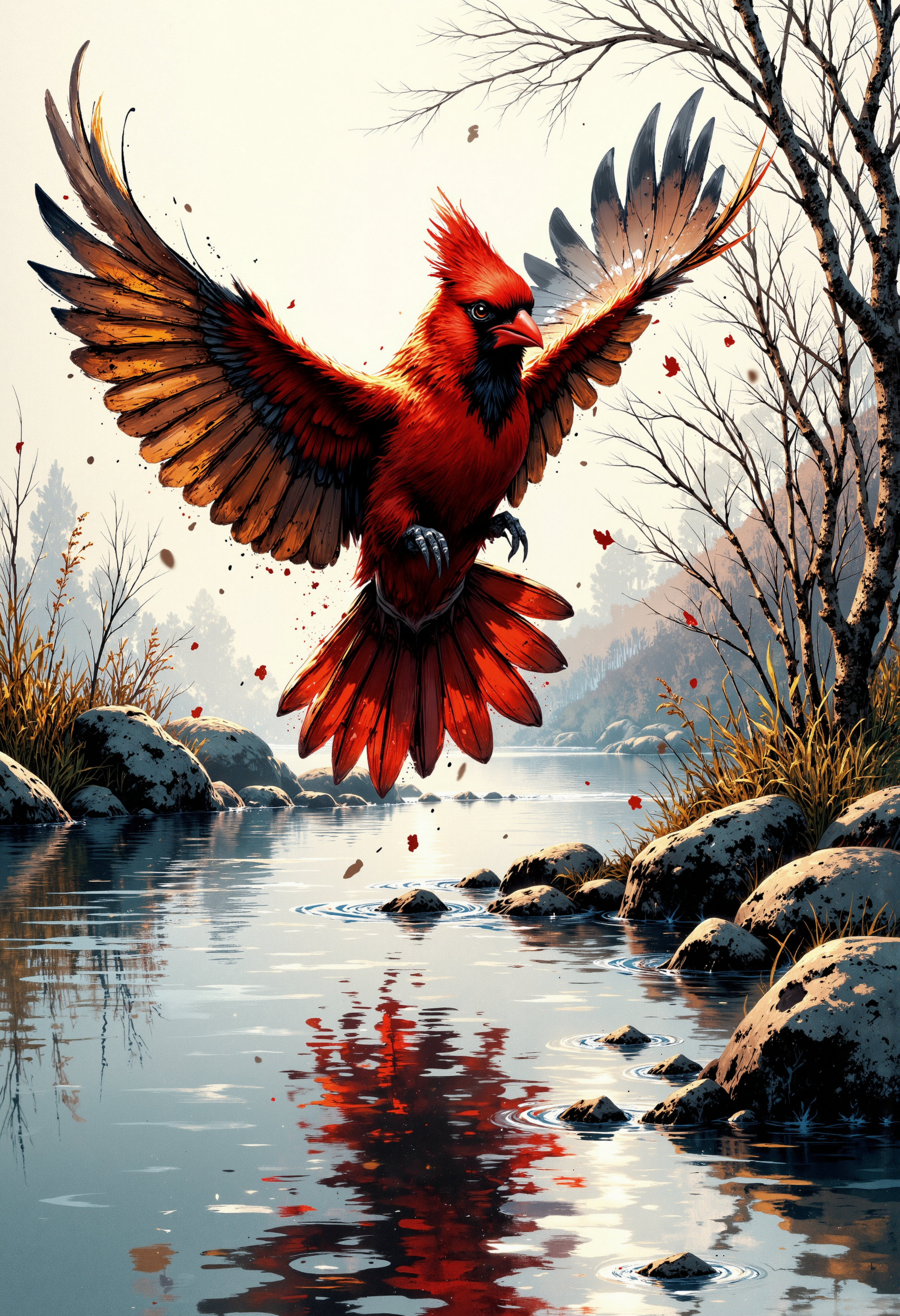 A vivid and detailed scene of a cardinal in mid-flight, captured in hyperrealistic style. The bird, with striking crimson feathers, is gracefully soaring above a tranquil stream. Morning light filters through a misty atmosphere, casting a soft glow on the surroundings. The water reflects the vibrant colors of the cardinal, enhancing the interplay of reds and blues. Along the banks of the stream, golden grasses sway gently, while a few delicate autumn leaves drift down. Smooth, rounded stones line the water's edge, partially submerged, creating a sense of depth. In the background, bare trees with intricate branches are silhouetted against the pale sky, adding to the serene yet dynamic composition. The overall palette is rich with warm reds, earthy browns, and cool blues, evoking a sense of peacefulness and natural beauty.<lora:Flux/MysticFantasy.safetensors:1.0:1.0>