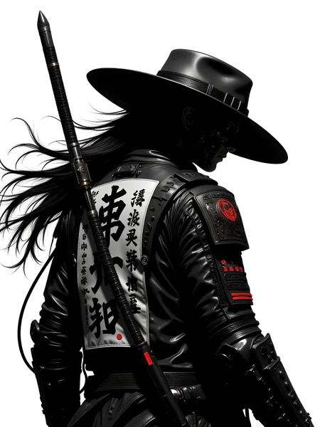 A high-contrast black and white photo of a futuristic cyborg samurai assassin in a greyscale style reminiscent of Assassinkahb. The figure, a young man with long hair blowing in the wind, stands in a fight stance with fists raised, clad in a high-collar motorcycle jacket featuring intricate Japanese writing on the back. His look is further enhanced by a large sedge hat casting shadows over his face, giving him an enigmatic aura. His shoulders display wires and futuristic tech details, blending seamlessly with the jacket. The jacket has small neon synthwave-style accents that echo a split background: a subtle black and neon-colored, synthwave sunrise scene. His look is intense, with monochrome shades accentuating his cybernetic skeletal frame. aidmaimageupgrader, aidmaMJ6.1m, detailmaximizer, mythp0rt, drkfnts <lora:aidmaImageUpgrader-FLUX-V0.2:1.0> <lora:flux.1_lora_flyway_Epic-detail_v2:0.8> <lora:aidmaMJ6.1_aidmaMJ6.1-FLUX-v0.4:0.6> <lora:mythp0rt_FluxMythP0rtr4itStyle:0.7> <lora:v1v1dr34m:0.7> <lora:drkfnts style_sxz-Dark-Fantasy-v2-Flux:0.8>