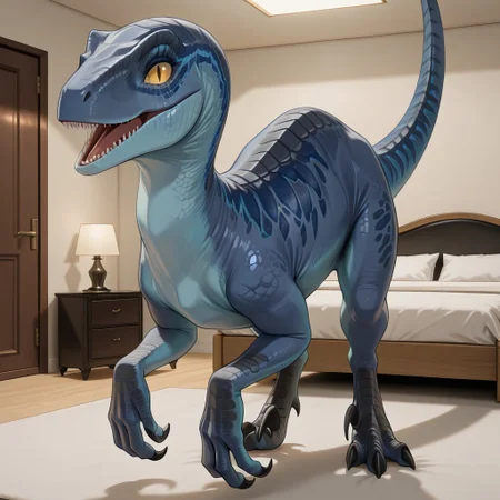 1girl, highres, absurdres, newest, masterpiece, best quality, furry, furry_female, dinosaur, raptor, scales, tail, claws, talons, Blue_jw, blue scales, yellow sclera, slit pupils, female, claws up, (feral, quadruped:1.3), detailed eyes, standing, open_mouth, open mouth smile, luxurious detailed room, bright room, day scene, professional lighting, white bed, solo, bedroom, smiling, seductive, looking_at_viewer, masterpiece, close up, safe
