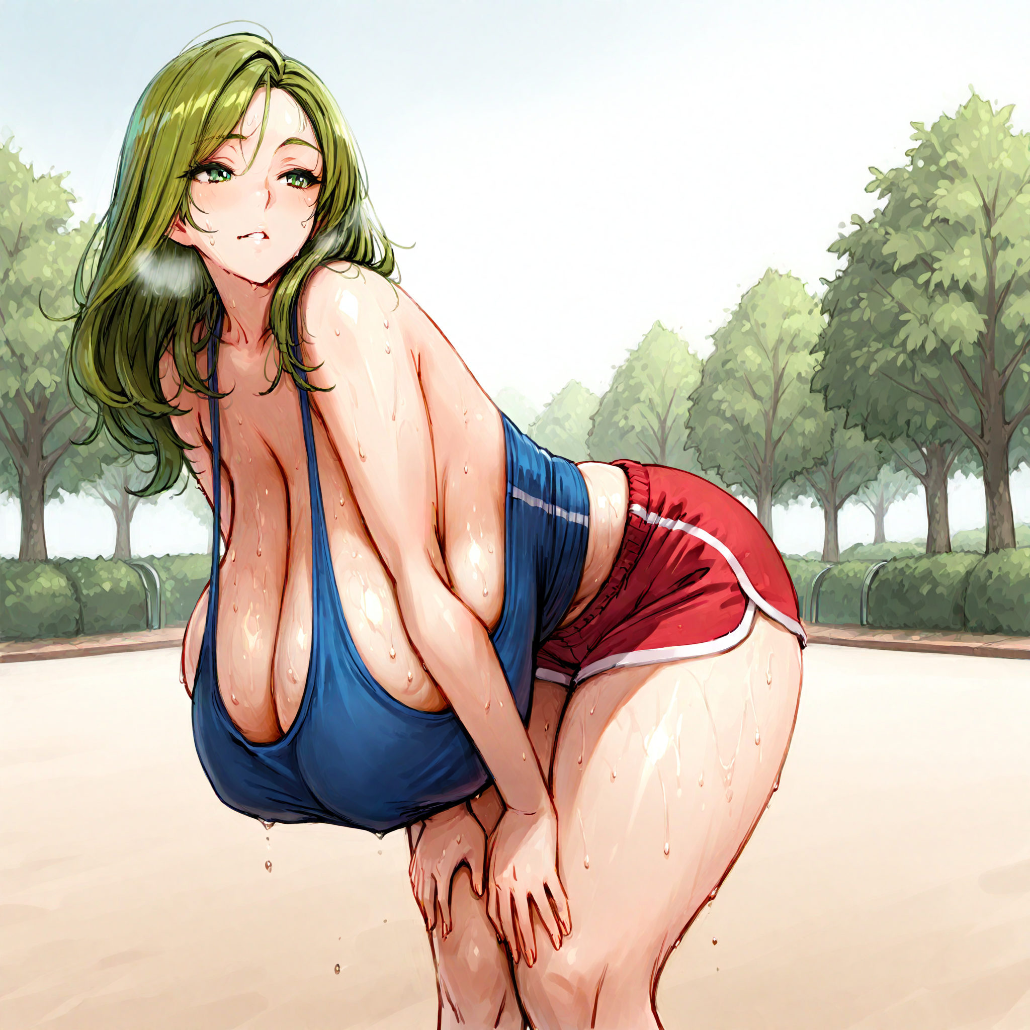 (masterpiece), best quality, (highly detailed), 1female, solo,  <lora:Junkpuyo_style_Illustrious:0.8>, red gym shorts, blue tanktop, gigantic breasts, sweating, from the side, park, bent over, sagging breasts, green hair, long hair, green eyes, out of breath, sideboob, hands on knees,