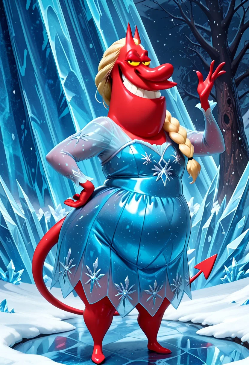 Masterpiece, best quality, highly detailed, absurdres, 1boy, solo, r3dguy, d3vil, devil, UltraM40k, (pokemon) creature, red skin, tail, chubby, ice blue dress, Elsa (frozen) blonde braid, single braid, smiling, ice palace, background