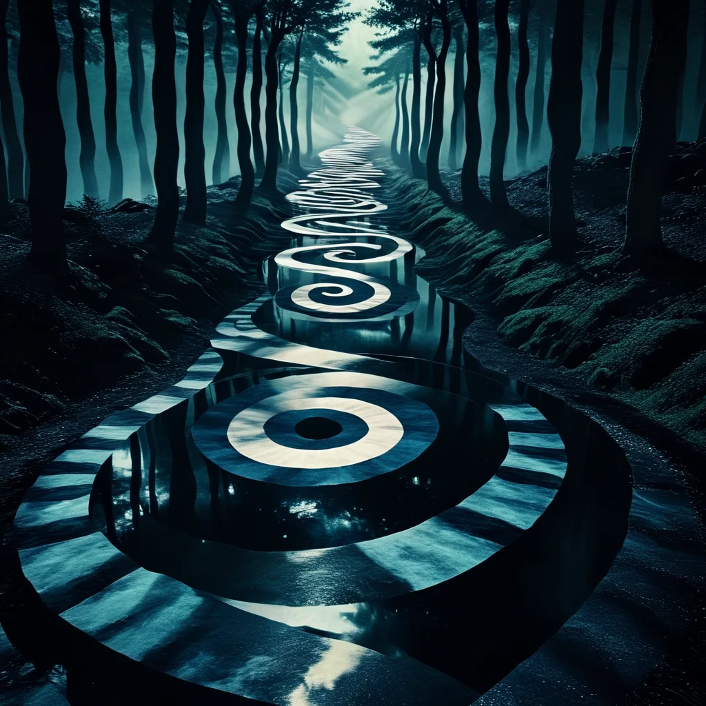 <lora:Geometric_Dreamlike_Movie_r1:1> no humans, forest, nature, tree, outdoors, scenery, road, stairs, reflection, ArsMovieStill, A dreamlike movie still, The image is a digital art piece that appears to be a surreal landscape. It shows a long winding path in the middle of a forest with tall trees on either side. The trees are shrouded in fog creating a mysterious and eerie atmosphere. The path is made up of multiple concentric circles that are arranged in a spiral pattern creating an illusion of depth and dimension. The colors are mostly blue and black with some hints of white and gray. The overall mood of the image is dark and eerie with a sense of mystery and wonder.