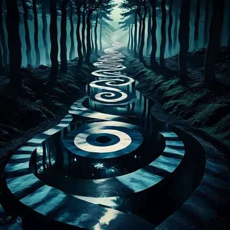 <lora:Geometric_Dreamlike_Movie_r1:1> no humans, forest, nature, tree, outdoors, scenery, road, stairs, reflection, ArsMovieStill, A dreamlike movie still, The image is a digital art piece that appears to be a surreal landscape. It shows a long winding path in the middle of a forest with tall trees on either side. The trees are shrouded in fog creating a mysterious and eerie atmosphere. The path is made up of multiple concentric circles that are arranged in a spiral pattern creating an illusion of depth and dimension. The colors are mostly blue and black with some hints of white and gray. The overall mood of the image is dark and eerie with a sense of mystery and wonder.