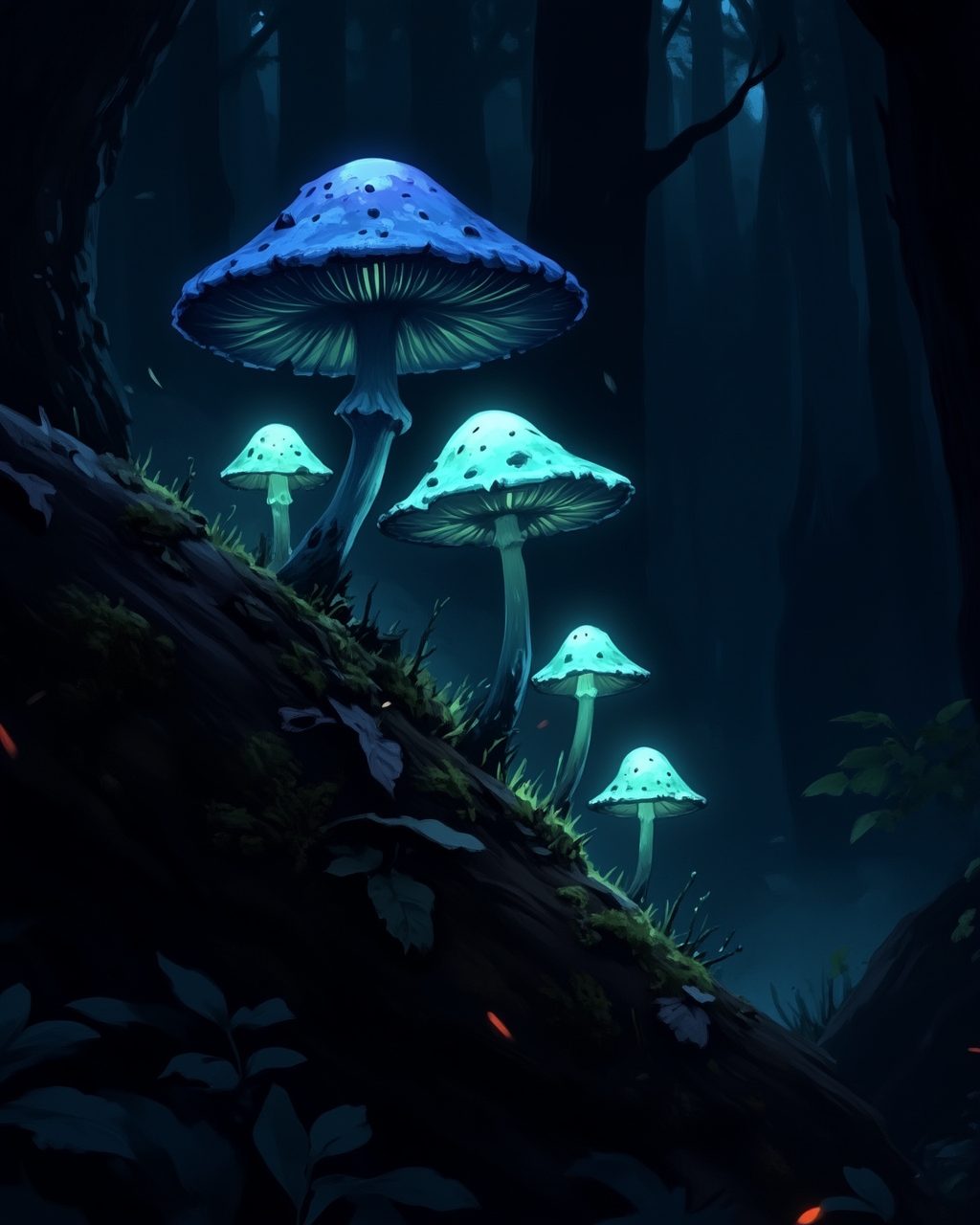wc1dnd_style, digital painting, A cluster of glowing bioluminescent mushrooms with translucent caps in shades of blue and green, growing on a moss-covered log in a dark, enchanted forest, their ethereal light softly illuminating the surrounding mist and nearby foliage.
 <lora:Organic_Sauce_-_FLUX:0.3> <lora:Flux.Digital_Painting_DnD:0.9>
