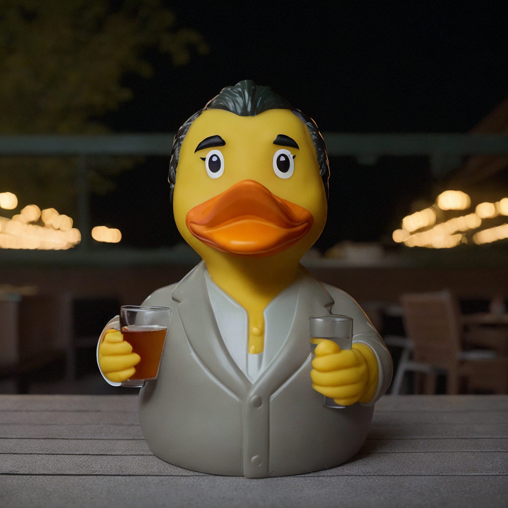 (rubberduck), canadian man drinking glass in a patio, outdoors, front, cinematic lighting <lora:rubberduck-000019:1>