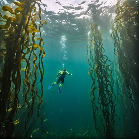 (film photography style:1.5) a man scuba diving trough a kelp forest, medium grain <lora:SDXL_FILM_PHOTOGRAPHY_STYLE_V1:.8>