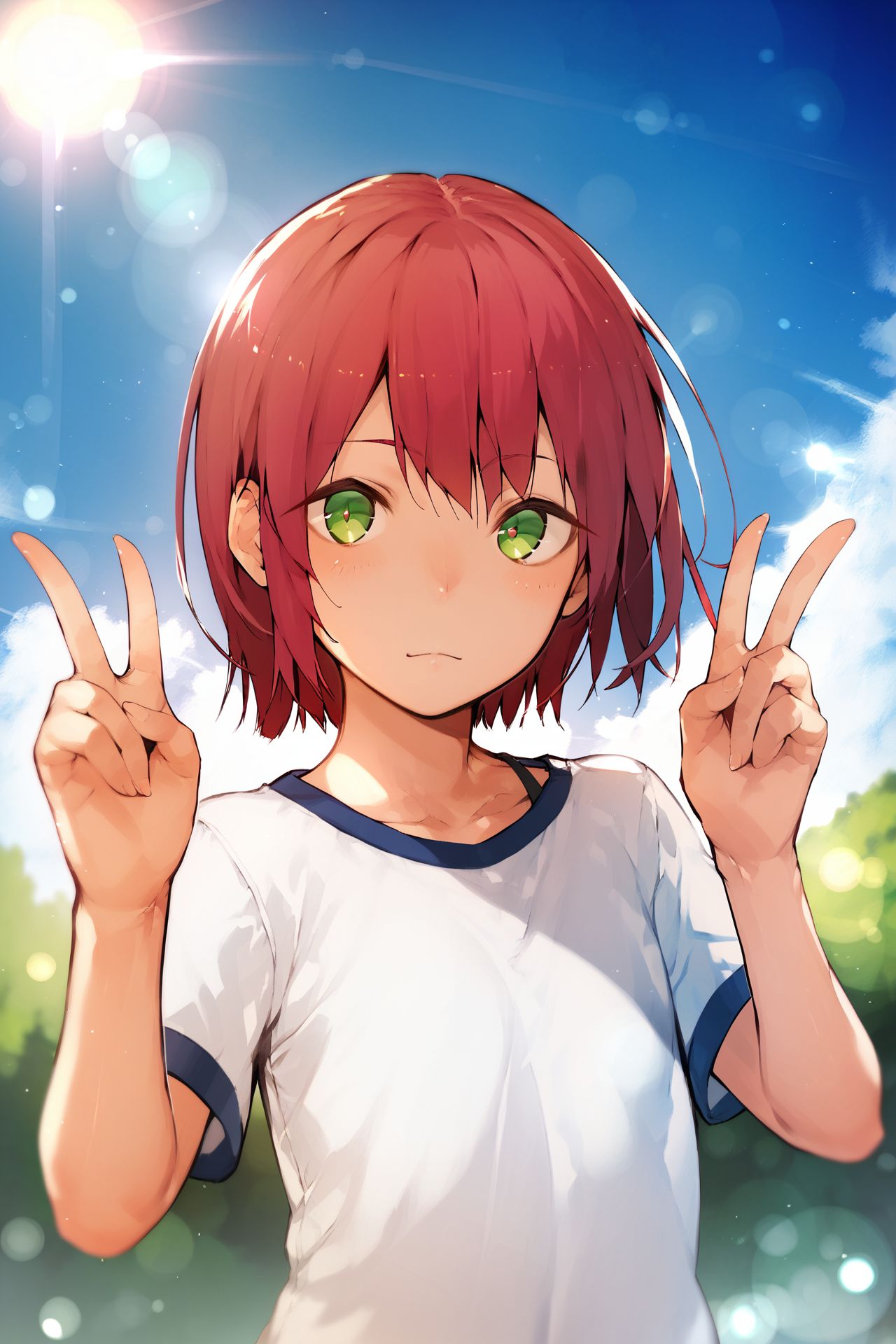 score_9, score_8_up, score_7_up, 1girl, :>, red hair, straight-across_bangs, green eyes, flat chest, double_v, outdoors, lens flare <lora:nishiide_kengorou_PonyXL_style_v01:1>