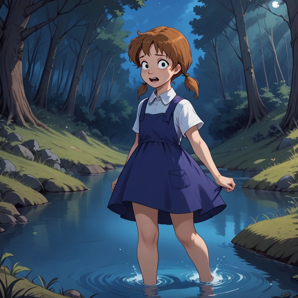score_9, score_8, BREAK, solo, brown hair, twintails, black eyes, white shirt, dark blue overall dress , Penny_(The_Rescuers), cute, outdoors,,, natural lighting, forest, trees, grass, night sky, bayou, no shoes, no socks,night, run, full body ,water up to ankles ,scared ,looking behind , wading,