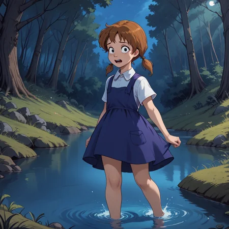 score_9, score_8, BREAK, solo, brown hair, twintails, black eyes, white shirt, dark blue overall dress , Penny_(The_Rescuers), cute, outdoors,,, natural lighting, forest, trees, grass, night sky, bayou, no shoes, no socks,night, run, full body ,water up to ankles ,scared ,looking behind , wading,