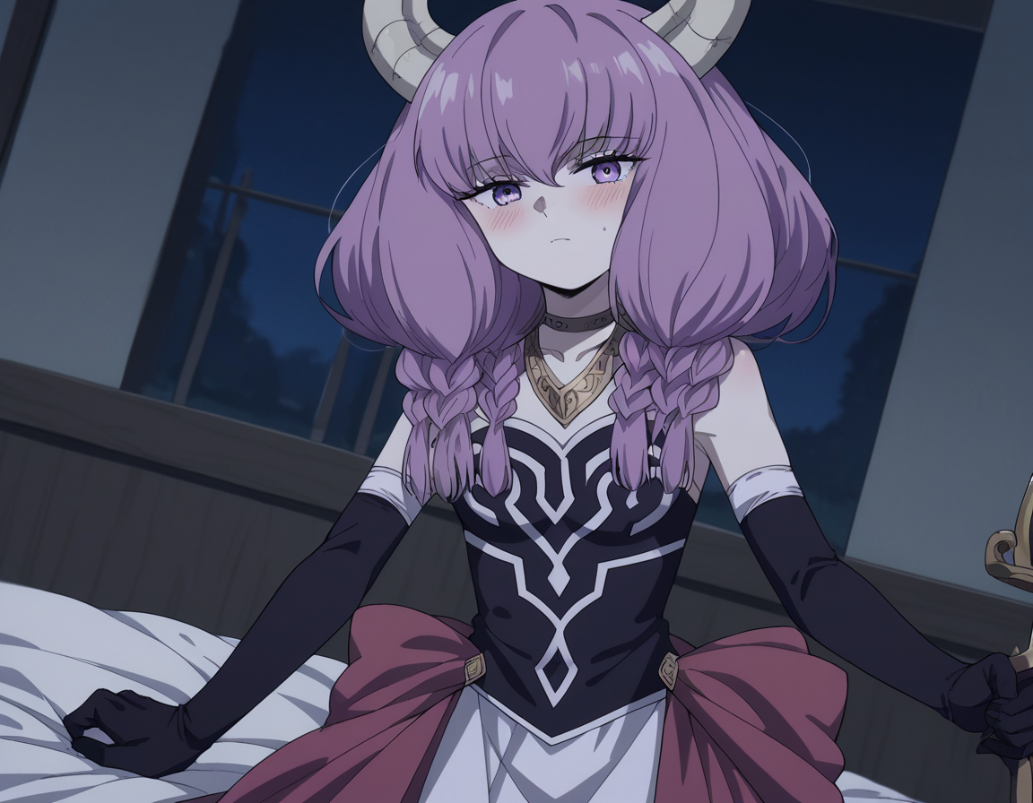 score_9, score_8_up, score_7_up, source_anime,
auratheguillotine, <lora:aura-the-guillotine-s1-ponyxl-lora-nochekaiser:1>,
aura the guillotine, long hair, purple eyes, purple hair, braid, horns, twin braids,
skirt, thighhighs, gloves, choker, black gloves, elbow gloves,
indoors, bed, bed room, on side, blush, drunk,
cowboy shot, solo, dutch angle, looking at viewer,