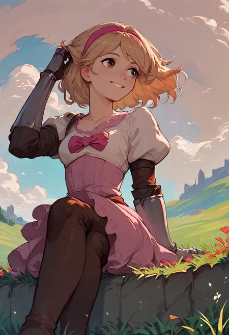 score_9, score_8_up, score_7_up, score_6_up, score_5_up, score_4_up, source_anime, 1girl, solo, djeetadef, pink hairband, dress, puffy sleeves, gauntlets, brown thighhighs, thigh boots, smile, adjusting hair, looking forward, sky, sitting on lawn, landscape, from below