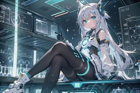 (masterpiece), (science fiction:1.4), 1girl, sitting, smile, silver hair, aqua eyes, headgear, long sleeves, detached sleeves, glowing energy clothing, light particles