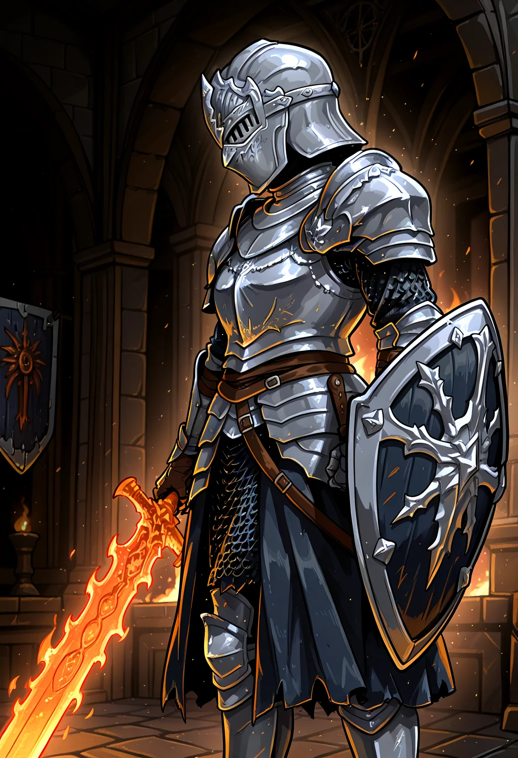 IllustriousQual <lora:StS-Illustrious-Detail-Slider-v1.0:2> <lora:cfg_scale_boost:0.3>,detailed_background,indoors,highres,embers,gauntlets,ashen one \(dark souls\),helmet,conor burke,chainmail,sword,pauldrons,holding sword,weapon,kite shield,dark souls \(series\),shoulder armor,holding,flaming weapon,holding weapon,from side,1boy,holding shield,shield,flaming sword,coiled sword,dark background,helm,solo,armor,breastplate,fire,light particles,dark souls iii,full armor,feet out of frame