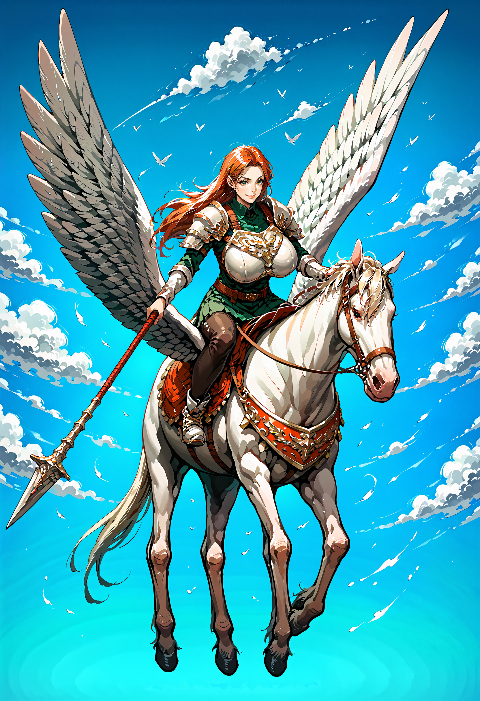 score_9,score_8_up,score_7_up,extreme detailed,full_body,zPDXL3 BREAK sky,flying,1girl,huge breasts,<lora:Pony_DetailV2.0:1>,
pegasus knight,horse,horseback riding,pegasus,long hair,shoulder armor,breastplate,pegasus knight uniform \(fire emblem\),<lora:pegasus knight-v3-pony:0.7>, polearm,holding weapon,smile,closed mouth,