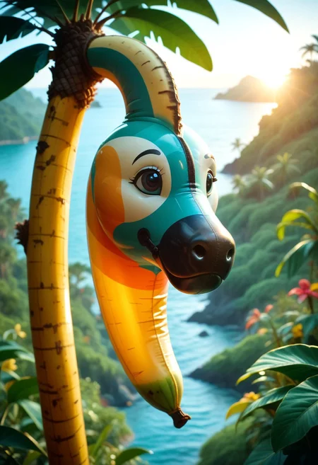 score_9, score_8_up, score_7_up, score_6_up, a single beautiful shiny plump inflatable latex banana hanging from a banana tree branch, air nozzle, visible seam, dynamic lighting, colourful soft lighting, outdoors, sunny, tropical landscape,