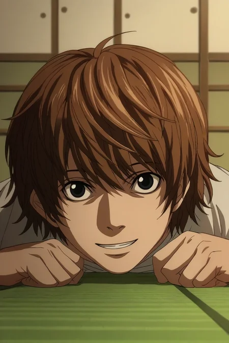 zPDXL, score_9, score_8_up, score_7_up, rating_safe, intricate details, looking at viewer, depth of field, 1boy, male focus, black eyes, medium brown hair, curly hair,, solo, wide angle, wide shot, full body, dojo, dawn, lying, on stomach, happy, <lora:death_note_style_pony:1.18>, death_note_style, , <lora:sdxl_lightning_8step_lora:1>