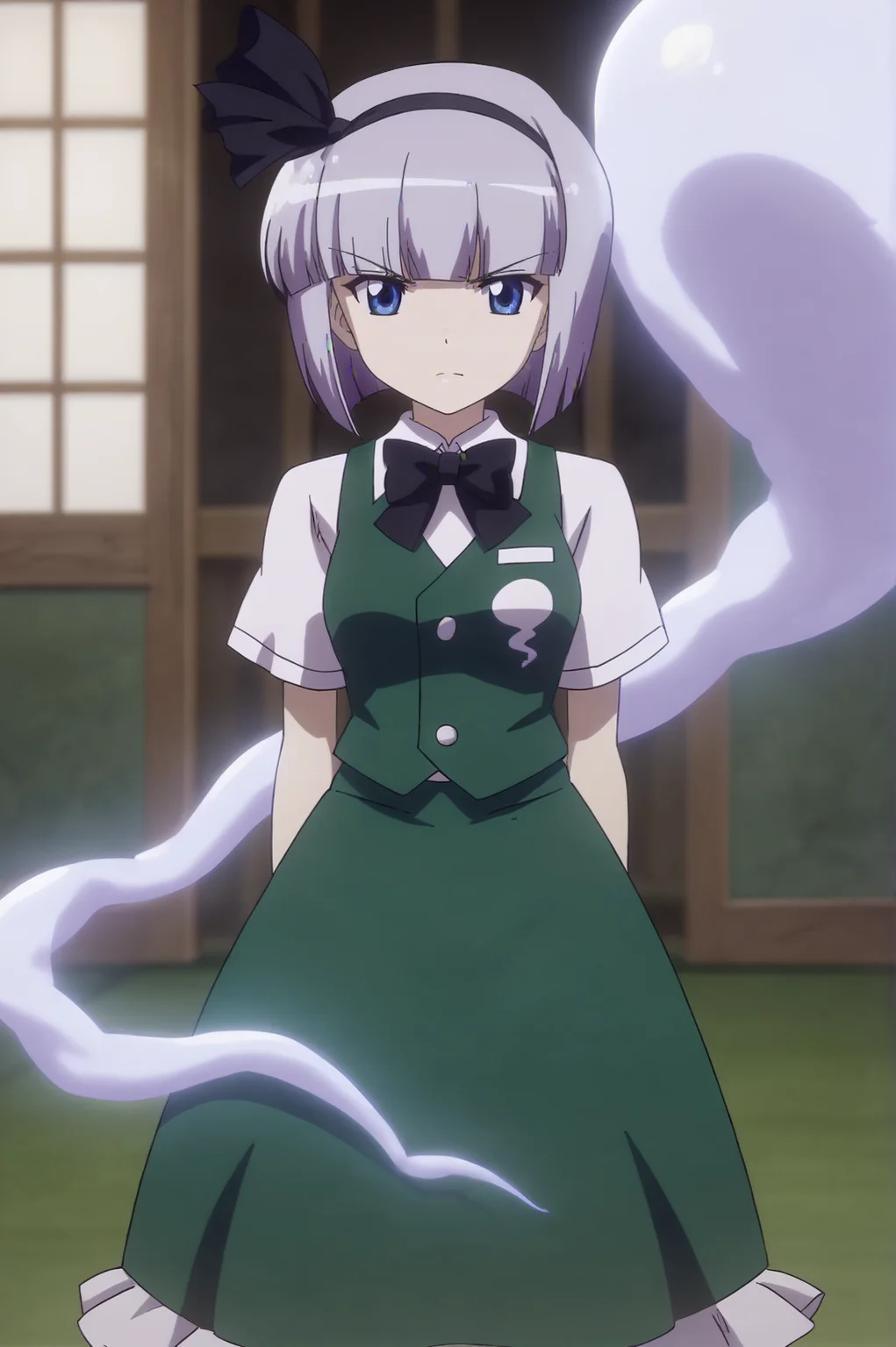 score_9, score_8_up, score_7_up,anime_source, source_anime, best background, detailed background, anime screencap,  Youmu, bow, bowtie, ghost, green skirt, hitodama, ribbon, serious, shirt, skirt, solo, vest, indoors, tatami, <lora:JN_Konpaku_Youmu:0.8>