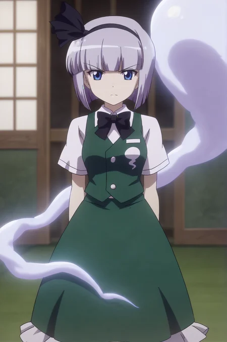 score_9, score_8_up, score_7_up,anime_source, source_anime, best background, detailed background, anime screencap, Youmu, bow, bowtie, ghost, green skirt, hitodama, ribbon, serious, shirt, skirt, solo, vest, indoors, tatami, <lora:JN_Konpaku_Youmu:0.8>