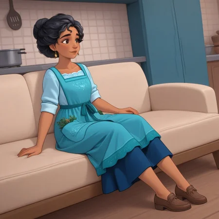 Julieta,1girl,tanned skin,curly black hair tied in a bun,hazel eyes,blue dress with a blue kitchen apron,brown flat shoes, gold earrings
Julieta lies on a sofa