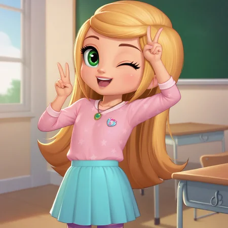 score_9, score_8, score_7, BREAK, solo, female child. leah_sas, blonde hair, long hair, green eyes, necklace, skirt, cute, one eye closed, v, classroom