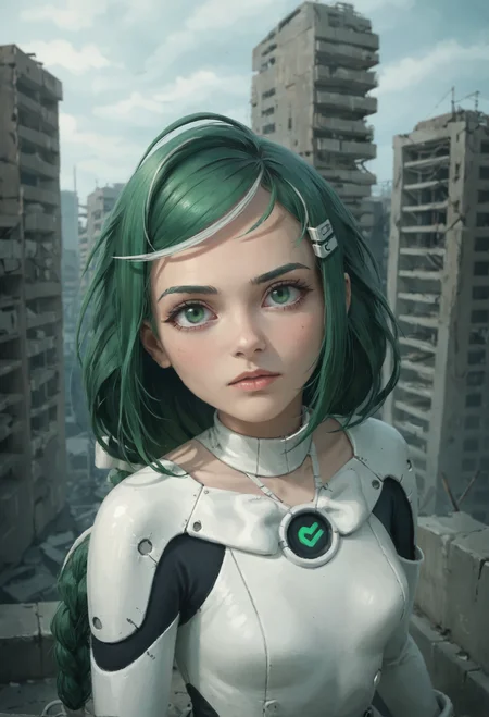 zPDXL2, (from above:0.8), (eye focus:0.9), depth of field, highly detailed, ssta,
close shot, sber-chan, green hair, streaked hair, green eyes, single braid, white bow, long hair, (skin details:1.1),
looking away, (serious:0.8), sitting,
hairclip, (white plugsuit:1.2),
rooftop, scenic overlook, abandoned city, post-apocalypse, ruins, power lines,
<lora:add-detail-xl:1.5> <lora:Sber-chan:0.9> <lora:ssta:0.9>