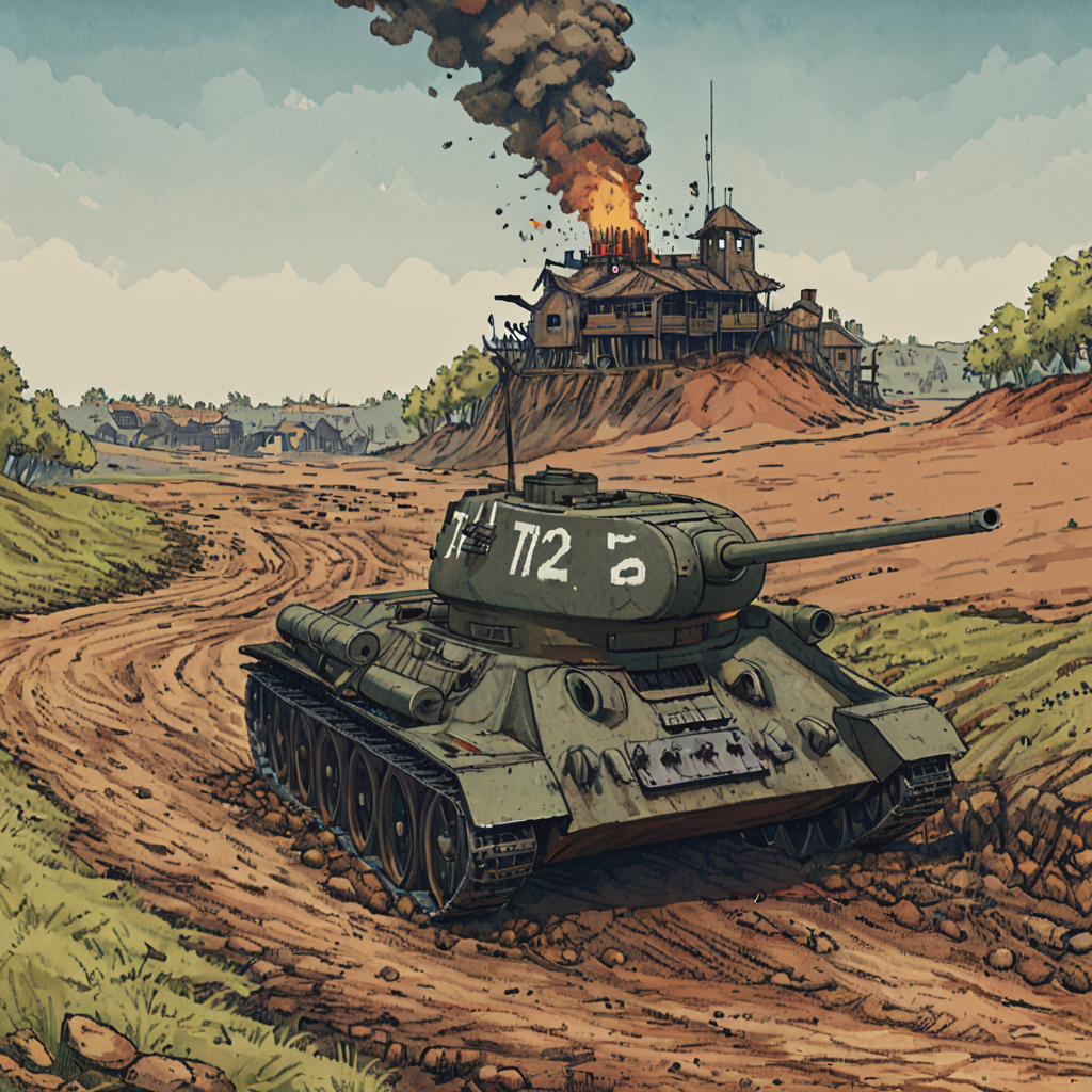 a t3485tnk tank is driving down a dirt road, explosions, smoke, burnt village, wreckage, ((pulp_comic, heavy_lines, hand_drawn, hand_inked, hand_colored, apxlz))