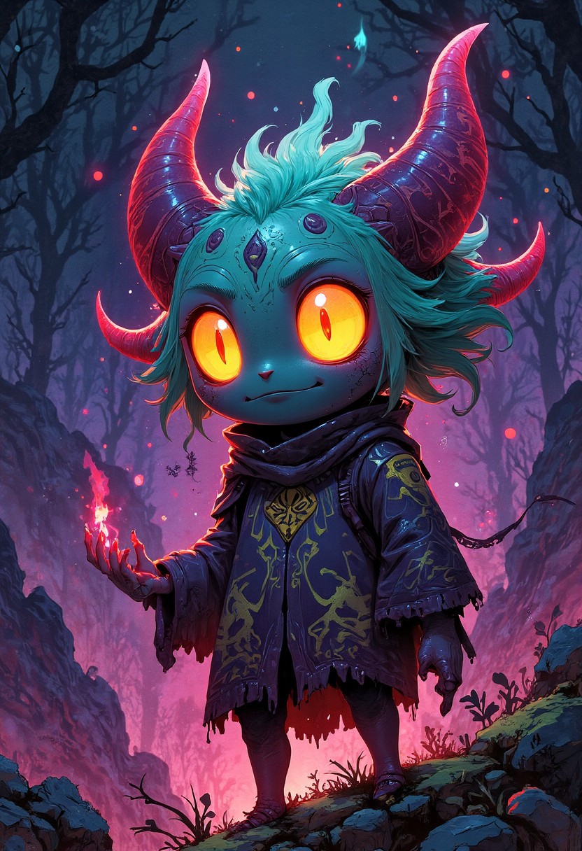CreeepyCuteMagic, layered on textured paper, painted watercolor dark comic, Vivid watercolor, intricate, detailed, vibrant, Scrawled, etched, overdrawn, transparent bright neurographic alcohol inks :: a Deltarune Boji from Stray Blade traveling through the Valley of Acrea, liquid gouache portrait, Watercolor painting, soft wet washes of purples and greens, misty forest background, eerie glow, delicate yet magical, mysterious, fantasy, ominous, The overall art style is playful, vibrant, and slightly cartoonish with a painterly texture. The overall scene is reminiscent of a children's storybook, with a touch of magic and wonder.