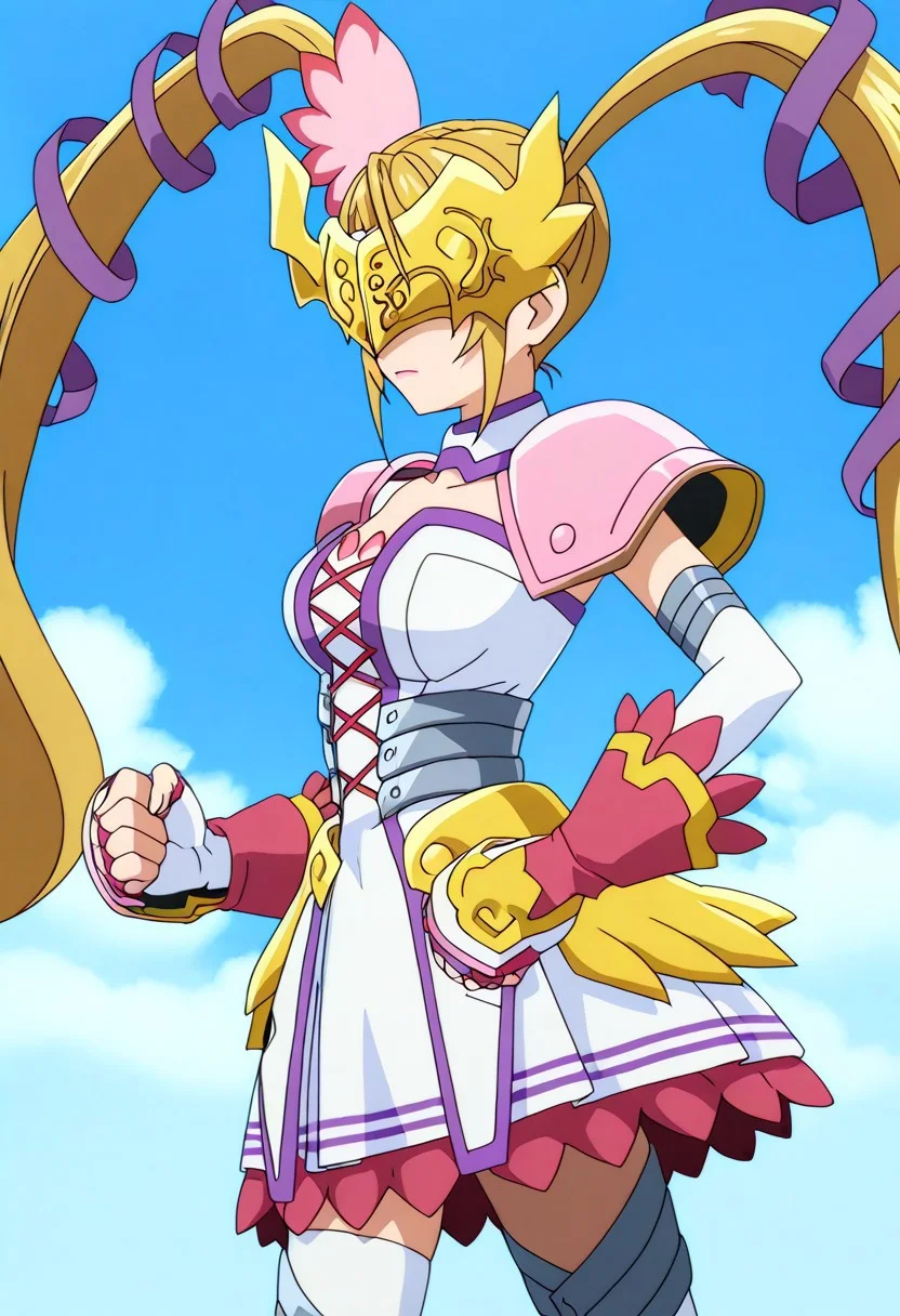official art, detailed anime, ultra detailed anime art, anime screencap, screencap, score_9, score_8_up, score_7_up, score_6_up, masterpiece, anime coloring, source_anime, 1girl, solo, large breasts, magical girl, blonde hair, pink lips, twintails, digimon \(creature\), gloves, very long hair, armored dress, white dress, fingerless gloves, covered eyes, thighhighs, mask, armoded high thigh boots, shoulder armor, white gloves, elbow gloves, winged mask, mask, cleavage, asymetrical pauldrons, shoulder pads, armored mini skirt, detached collar, white thighhighs, hair ribbon, winged greaves, hair ornament, zettai ryouiki, detached sleeves
BREAK
cowboy shot, side view, from side, standing, hands on hips, generic green meadow, perfect weather, clouds on sky, fighting stance, solo,