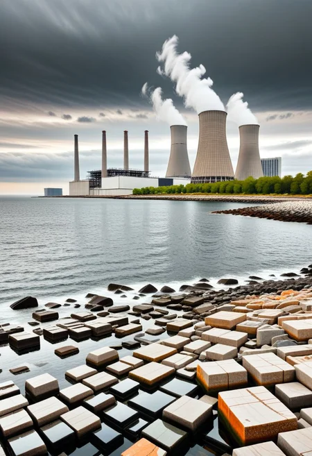 rocky coast without vegetation made of gray stone, gray water reflects, thin rectangular square dark brown skyscrapers with rectangular vertical frequent narrow windows, a cooling tower can be seen on the side on a separate stone island, low gray clouds often seeping through, and a few dark orange ones,
the sky is blue with a hint of purple on the horizon is white