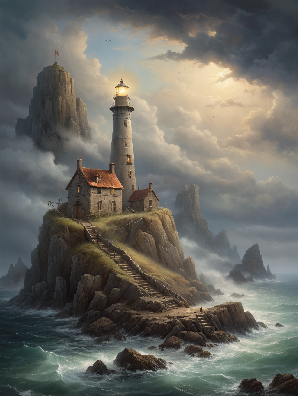 oil painting, A lonely  medieval lighthouse on a small island in the fog, surrounded by rugged cliffs and a hidden passage leading to a sunken treasure,  dramatic clouds, gloomy, mysterious, hazy, dusty, mystical, mysterious, gloomy, hazy, dusty, dramatic light,  34K uhd, masterpiece, high detail, 8k, intricate, detailed, high resolution, high res, high quality, <lora:add-detail-xl:1.8>, highly detailed, Extremely high-resolution details, fine texture,
