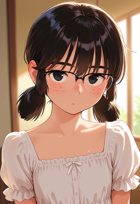 masterpiece, best quality, amazing quality, very aesthetic, absurdres, newest, illustration, perfect composition, intricate details, highres, general, 1girl, solo, (portrait:1.2), maiww, jimiko, petite, slim, freckles, black eyes, black hair, twintails, short twintails, low twintails, bangs, glasses, black-framed eyewear, semi-rimless eyewear, over-rim eyewear, flat chest, casual, sundress, puffy short sleeves, looking at viewer, expressionless, indoors, shiny body, shiny skin, skindentation, clear skin, shiny hair, ultra detailed eyes, depth of field, sharp, intricate details, hyperdetailed, ultra-detailed, detailed clothing folds, high contrast, dynamic light <lora:Mai_Tsuyoi Onna no ko datte_ill:0.9>