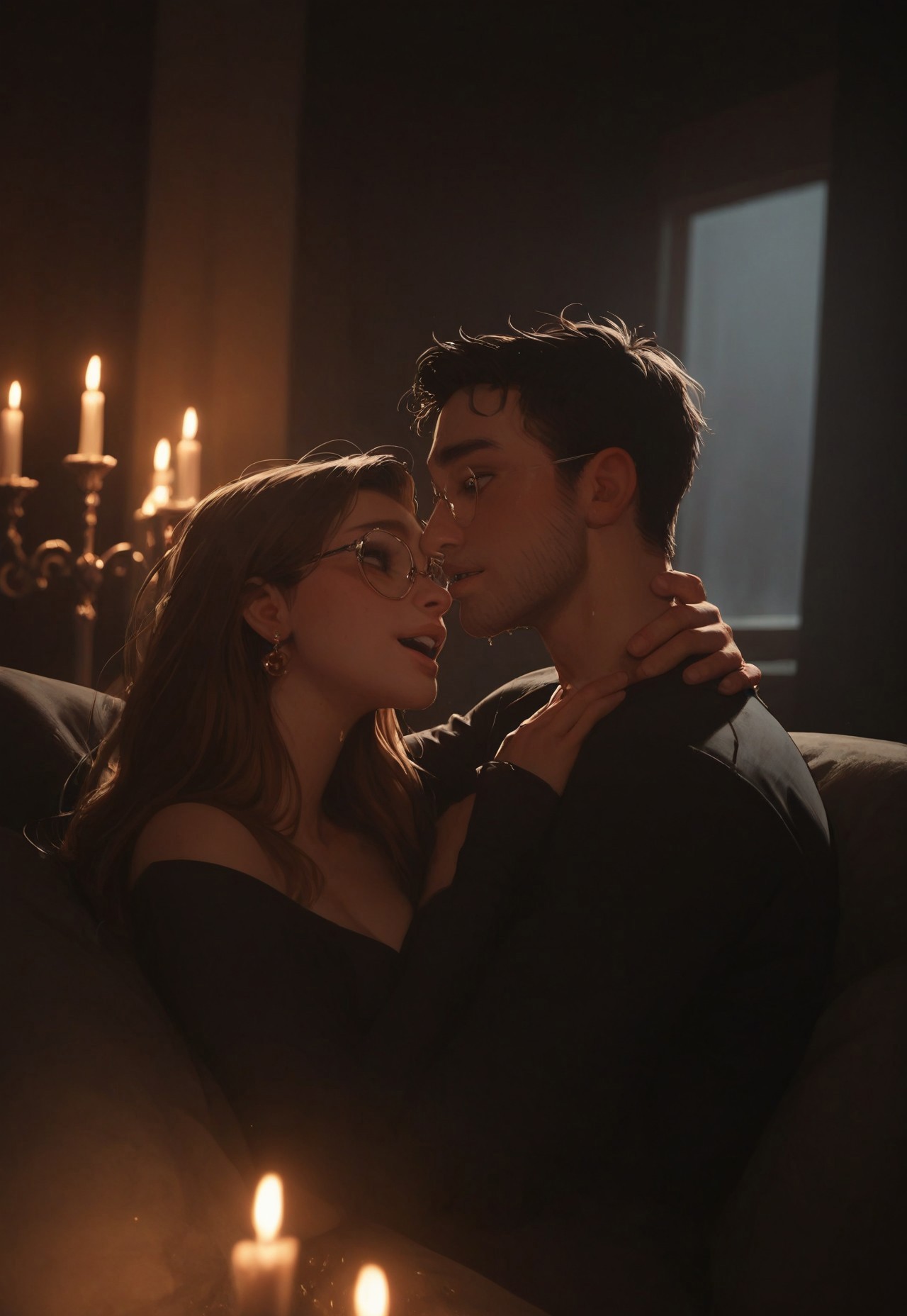 score_9, score_8_up, score_7_up, score_6_up, Expressiveh, 
very aesthetic, 1girl 1boy, romantic couple 40 years old having a romantic candle light dinner, very sweet beautiful, excitement, pretty, sweaty, very excited, cute glasses, night, living room, romantic setting, candlelight