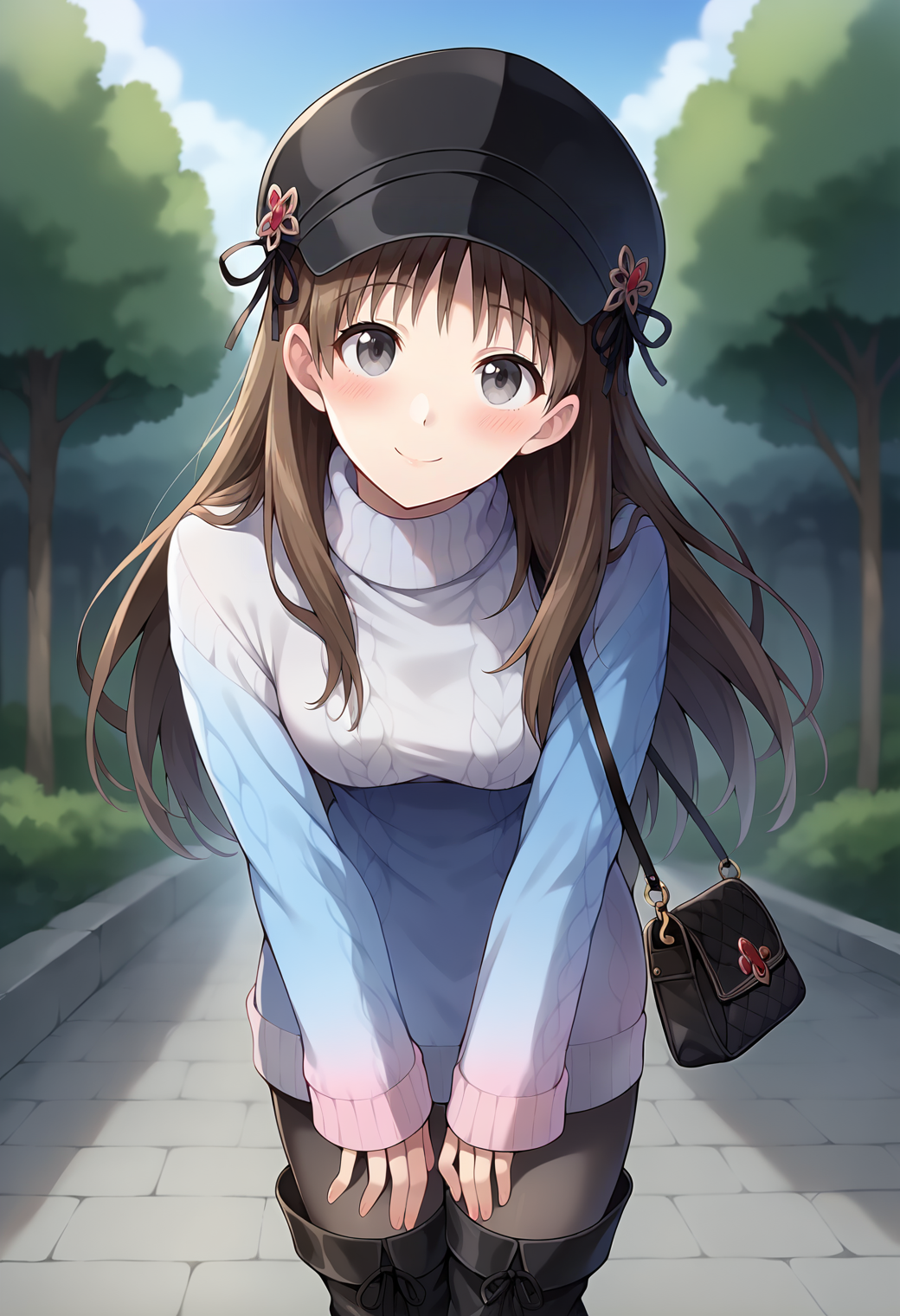 score_9, score_7_up, hd, (ultra hd quality details), source_anime, outdoors, blurry,
solo, 1girl, attotori, brown hair, long hair, hair over shoulder, grey eyes,
totorisa, beret, black headwear, sweater dress, gradient sweater, turtleneck, long sleeves, handbag, pantyhose, thigh boots,
looking at viewer, blush, smile, head tilt, 
leaning forward,
<lora:_totooria_helmold-elesico-ponyD:1>