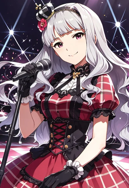 score_9, score_8_up, score_7_up, source_anime,shijou takane, long hair, grey hair, purple eyes, 1girl, solo, microphone, gloves, crown, microphone stand, smile, flower, hairband, dress, checkered floor