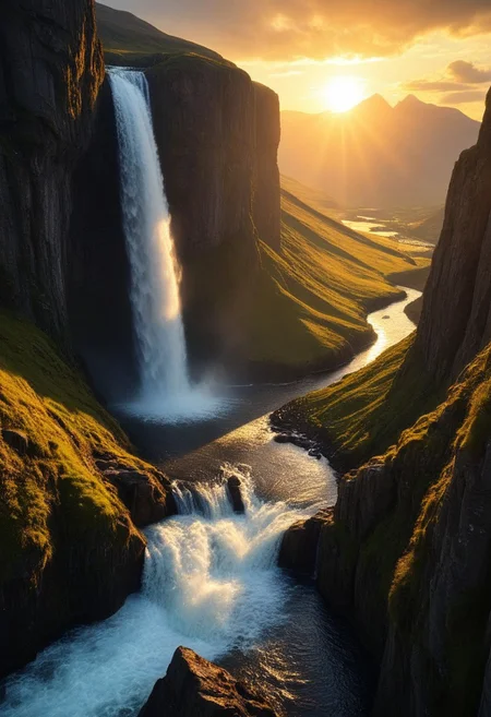 Scottish cliffs, waterfall, Dream Scenery,
detailxl, valley, mountains, rocks, spring, sunset
