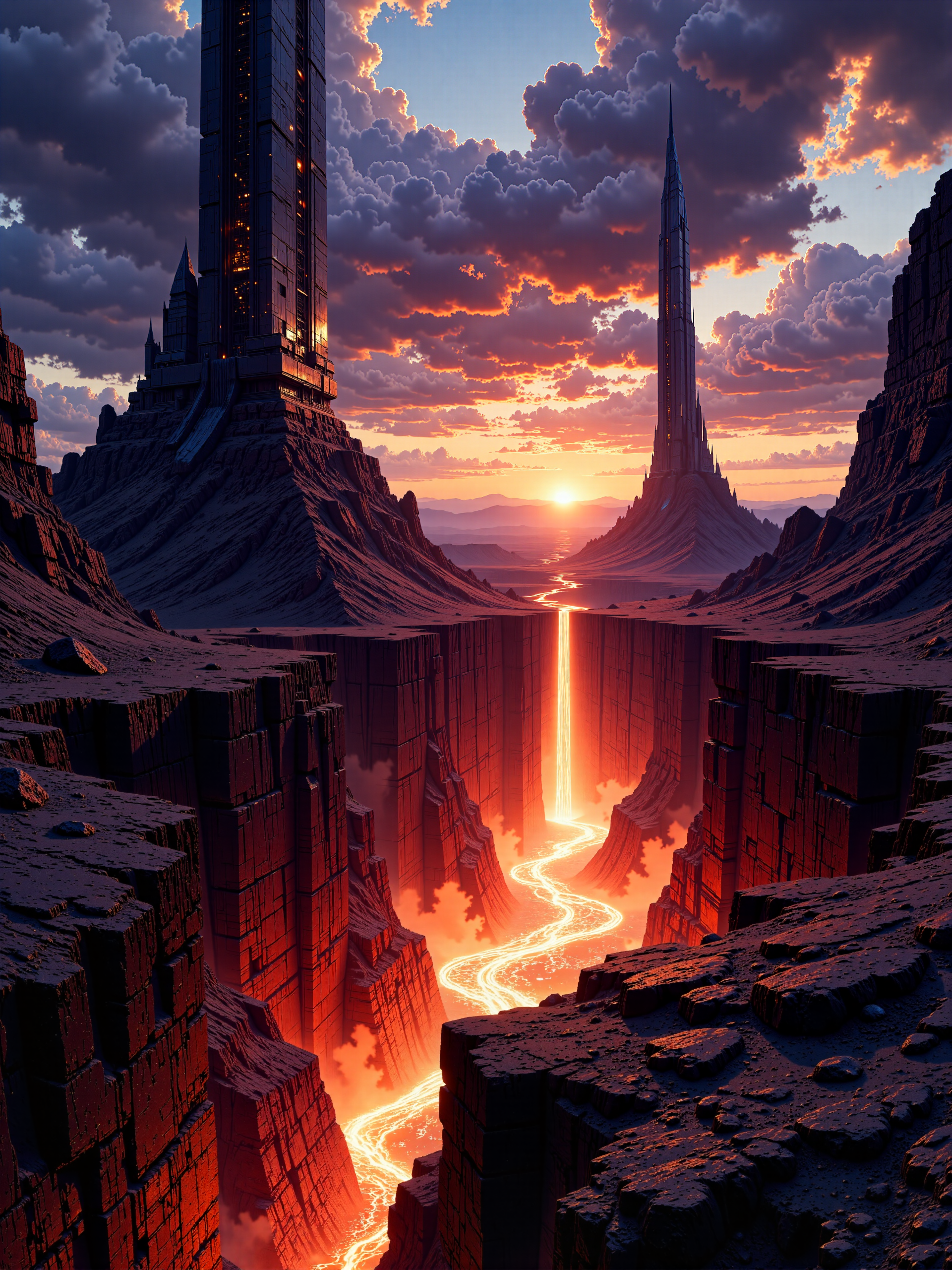 famous artwork, dramatic and epic landscape at night, hyper-realistic, highly aesthetic, ultra-high-resolution, 8k, 4k, dim lighting, dark science fantasy with cosmic horror elements, a surreal and alien volcanic landscape at sunset, dominated by two colossal, jagged black spires that rise symmetrically from the earth like obsidian monoliths, flanking a narrow valley that glows with searing molten lava, the foreground is composed of dark volcanic rock, cracked and uneven, reflecting the orange heat of the lava, while distant cliffs and shattered terrain frame the horizon, the sky above is ablaze with swirling purple and burnt orange clouds as the setting sun casts long shadows and bathes the world in warm, dying light, a brilliant stream of lava flows like a waterfall through the center between the spires, its vivid glow cutting through the cooler tones of the rocky terrain, the surrounding rocks shimmer with residual heat, their textures sharp and weathered, no visible characters, the focus is on the vast, awe-inspiring grandeur of the terrain and the alien symmetry of the twin peaks, evoking a sense of ancient ritual or forgotten power, shot from a wide, low-angle perspective to emphasize the monumental scale and dramatic geometry of the spires, the molten flow leads the viewerâs eye into the center of the frame, enhancing the feeling of depth and scale, cinematic directional lighting from the setting sun creates stark contrasts and brilliant lens flares, emphasizing the heat shimmer and the high-detail surface of the volcanic stone, shot on large-format digital with cinematic color grading and shallow depth of field, subtle atmospheric haze and heat distortion effects, high dynamic range capture for vivid sunset tones and lava illumination, ovg, artilands02, <lora:style-legacy_of_the_forerunners-v2-flux-by_bra2ha:0.76> <lora:style-fantastic_landscapes-v2-flux-by_artifyai:0.68>