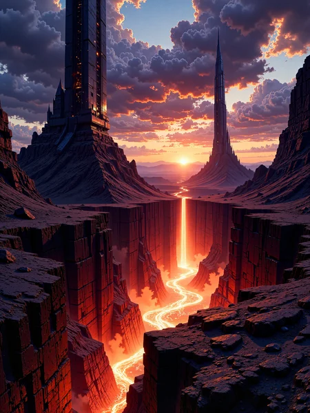 famous artwork, dramatic and epic landscape at night, hyper-realistic, highly aesthetic, ultra-high-resolution, 8k, 4k, dim lighting, dark science fantasy with cosmic horror elements, a surreal and alien volcanic landscape at sunset, dominated by two colossal, jagged black spires that rise symmetrically from the earth like obsidian monoliths, flanking a narrow valley that glows with searing molten lava, the foreground is composed of dark volcanic rock, cracked and uneven, reflecting the orange heat of the lava, while distant cliffs and shattered terrain frame the horizon, the sky above is ablaze with swirling purple and burnt orange clouds as the setting sun casts long shadows and bathes the world in warm, dying light, a brilliant stream of lava flows like a waterfall through the center between the spires, its vivid glow cutting through the cooler tones of the rocky terrain, the surrounding rocks shimmer with residual heat, their textures sharp and weathered, no visible characters, the focus is on the vast, awe-inspiring grandeur of the terrain and the alien symmetry of the twin peaks, evoking a sense of ancient ritual or forgotten power, shot from a wide, low-angle perspective to emphasize the monumental scale and dramatic geometry of the spires, the molten flow leads the viewerâs eye into the center of the frame, enhancing the feeling of depth and scale, cinematic directional lighting from the setting sun creates stark contrasts and brilliant lens flares, emphasizing the heat shimmer and the high-detail surface of the volcanic stone, shot on large-format digital with cinematic color grading and shallow depth of field, subtle atmospheric haze and heat distortion effects, high dynamic range capture for vivid sunset tones and lava illumination, ovg, artilands02, <lora:style-legacy_of_the_forerunners-v2-flux-by_bra2ha:0.76> <lora:style-fantastic_landscapes-v2-flux-by_artifyai:0.68>