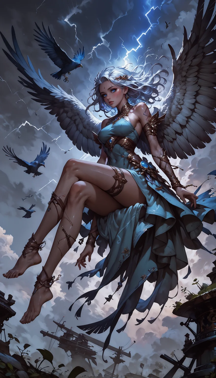 score_9, score_8_up, score_7_up, 1 girl, monster girl, bird girl, feathered wings, lightning aura, sitting on a flying ship, air, gold jewelry, thigh strap, shiny skin, blush, beautiful face, blue eyes, white hair, floating hair, gentle breeze, white skin, crossed legs, blue sexy sheer dress, dutch angle, bottomless, pink fingernails, moonlight, stormlight, green leaves, flying leaves, lightning, wind, swirling wind currents, lightning bird, <lora:Expressive_H-000001:0.8>, expressiveH <lora:Fant5yP0ny:0.9> <lora:Pony_DetailV1.0:0.9> <lora:Concept Art DarkSide Style LoRA_Pony XL v6:0.8> concept art,