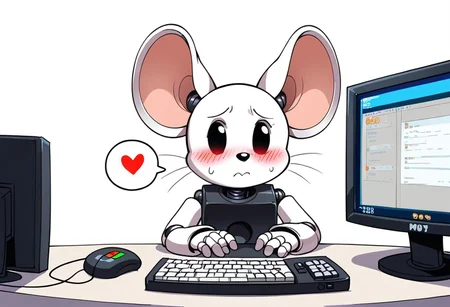 ((no humans, solo object : 1.1)) 1990s (style), object, (white 2000's era computer), animate_inanimate, monitor, screen, keyboard (computer), mouse (computer), ((face on computer monitor)), dot eyes, blush, nervous, narrowed eyebrows, (simple scenery, simple background), white background, (spoken heart)