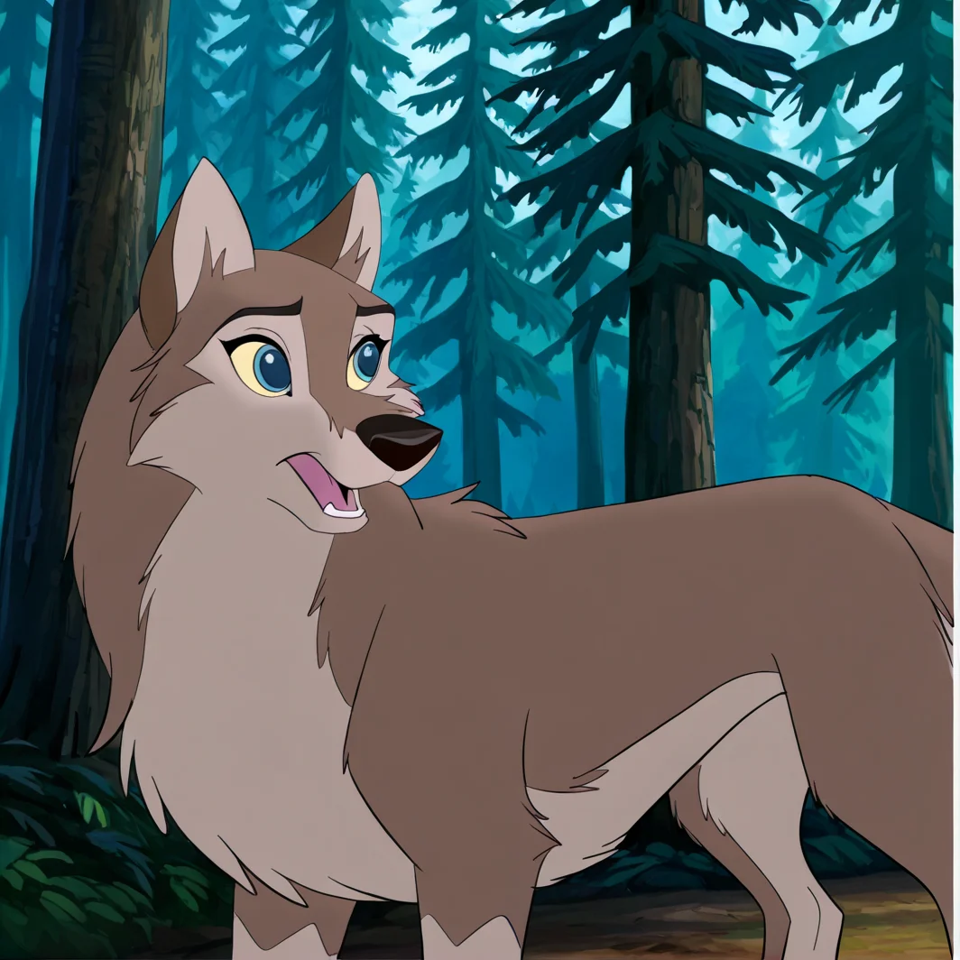 <lora:aleuillustrious:1>, (masterpiece), (best quality), (ultra-detailed), amazing quality, very aesthetic, illustration, perfect composition, intricate details, absurdres, incredibly absurdres, aleu, solo, open mouth, blue eyes, animal ears, outdoors, tree, no humans, nature, furry, forest, animal focus, 1girl, wolf, animal, body fur, two tone fur, yellow sclera