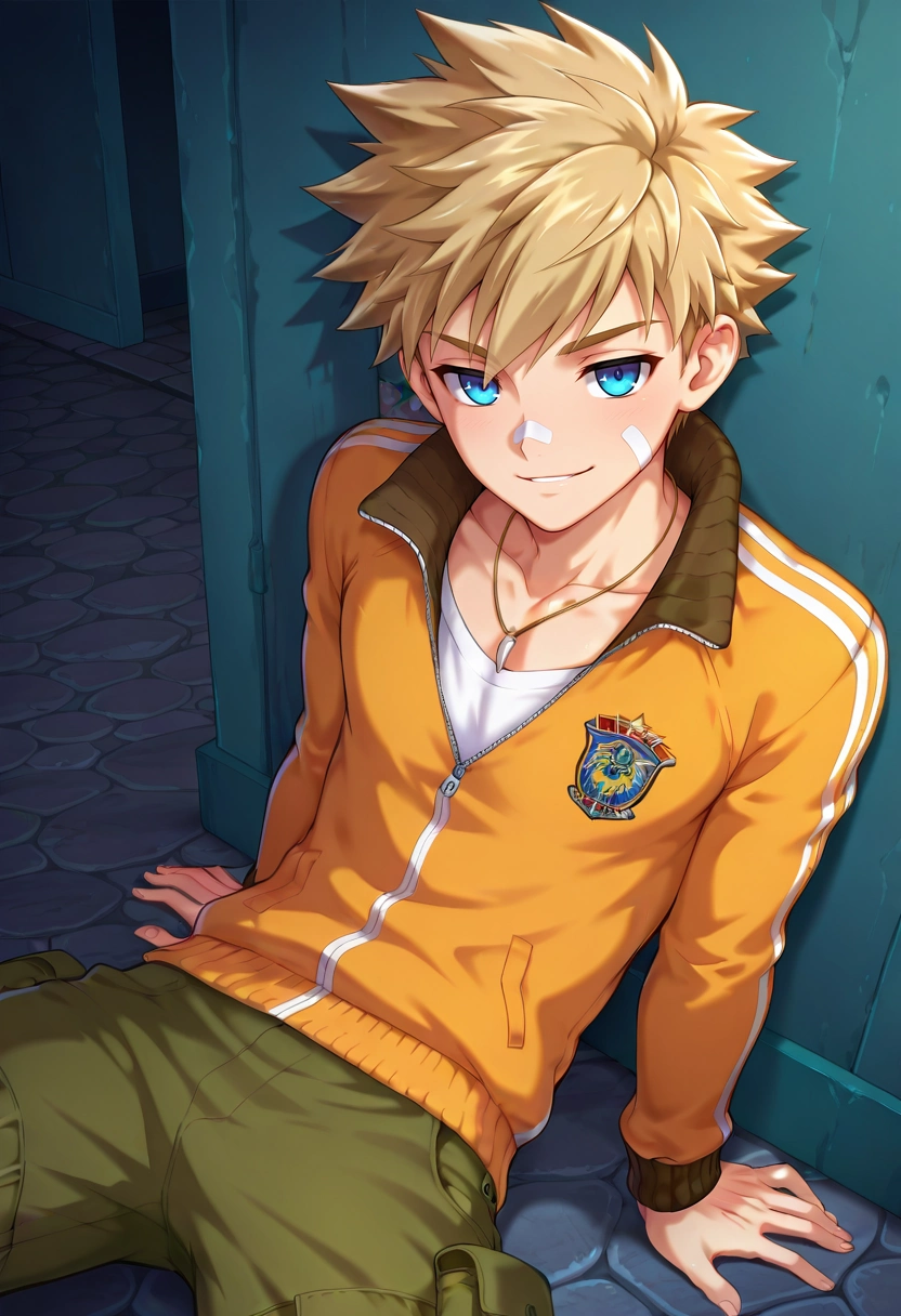 masterpiece, best quality, , , , , 1boy, solo, male focus, <lora:connor_bleufin_ilxl:0.94>, connor_bleufin, blonde hair, blue eyes, short hair, spiked hair, bandaid on face, necklace, focused, stone road, indoors, dark, leaning back, seductive smile, Cargo pants, Track jacket, , ,
