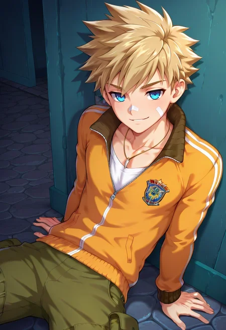 masterpiece, best quality, , , , , 1boy, solo, male focus, <lora:connor_bleufin_ilxl:0.94>, connor_bleufin, blonde hair, blue eyes, short hair, spiked hair, bandaid on face, necklace, focused, stone road, indoors, dark, leaning back, seductive smile, Cargo pants, Track jacket, , ,