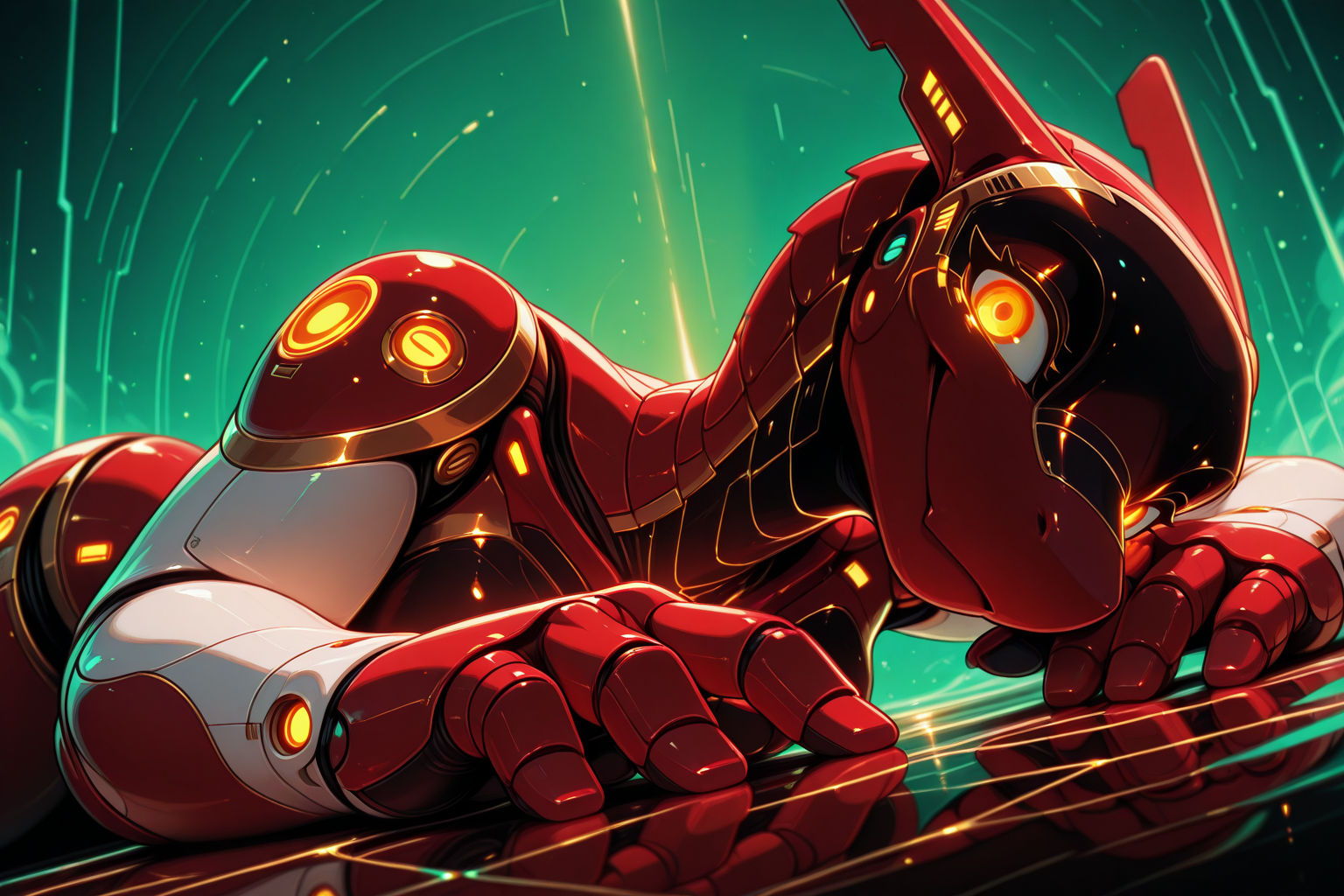 movie poster, close up, masterpiece, amazing quality, best quality, ultra-detailed, 8K, ultra-detailed-eyes, newest, highres, absurdres, volumetric lighting, raytracing, soft lighting, bloom effect, glow, shining, intricate cinematic background,
(dynamic pose):2, (dynamic angle):2, dutch angle, anthro dragon girl, robot, smile, green background, from below, (1girl, solo), red robot, white arms, gold filigree, looking at viewer, foreshortening, cute robot, from side, 
<lora:Synth:1> Synth, head in hand,  lying down, smile, head tilt, gold eyes, black panels, reflective ground, 
<lora:BacunNG_Style_Illu_Edition:1> bcn-illu, glowing joints, inner glow, three fingers, (glowing eyes):3,
<lora:Neon_Cyberpunk_Cyberspace_IL:1> mad-cyberspace, gold eyeliner,, <lora:reij-rt:1.5> <lora:spo_sdxl_10ep_4k-data_lora_webui:1.5>