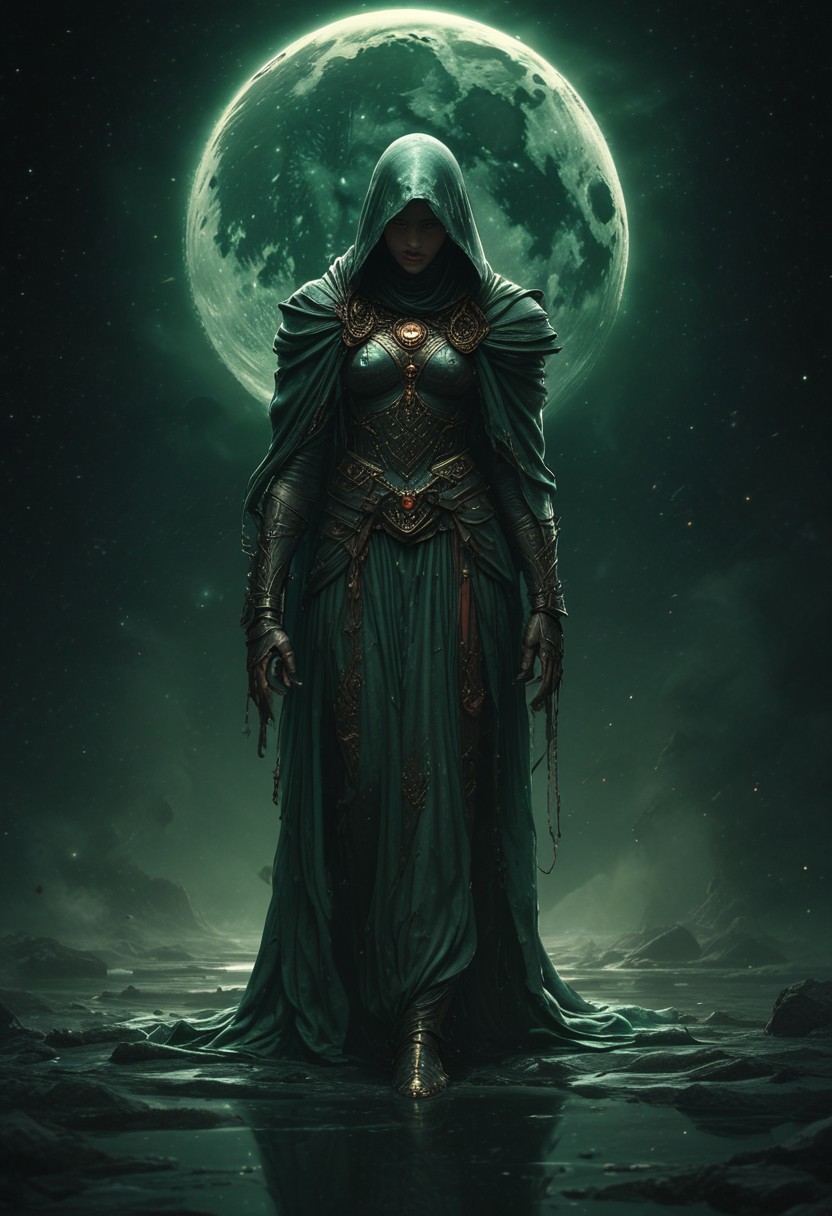 masterpiece, best quality, hyper-realistic, ultra-HD, intricate textures, luminous lighting, cinematic ambiance, shimmering gradients, ethereal glow, deep contrast, soft volumetric fog, subtle particles, radiant reflections, rich color tones, seductive atmosphere, captivating sensuality, Cinematic Lighting,Shadow,backlit, backlighting, 
BREAK
raytracing, volumetric lighting, ambient occlusion, shimmering particles in the air, intricate cinematic background,intimate and seductive, crafted to captivate and seduce.
BREAK
reflection, hood, white cape, crescent moon, green theme, sky, moon, embers, red hair