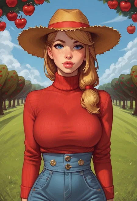 Beauty young clean face, dynamic view, Highly detailed, looking at viewer, from the front 1 girl, illustration, Skinny, masterpiece quality, best quality, realistic drawing, anime style by Sam Yang,
Sharp, highly detailed 2D illustration,
Hyperrealism, soft light, sharp features.
Character Details: 1female, 23 years old, farm jeans clothing, red sweater long brown french braid hair, freckles, The straw hat, she holds a red apple in hand, blue eyes, bright colors, high resolution, best quality, slim waist, wide hips
BREAK
standing, looking at viewer
BREAK
Dynamic action pose, ((fully clothed))
Background: (apple trees from back:1.9)
score_9, score_8_up, score_7_up, score_6_up, source_cartoon, rating_explicit, Expressive, (((((upper body))))), dynamic pose