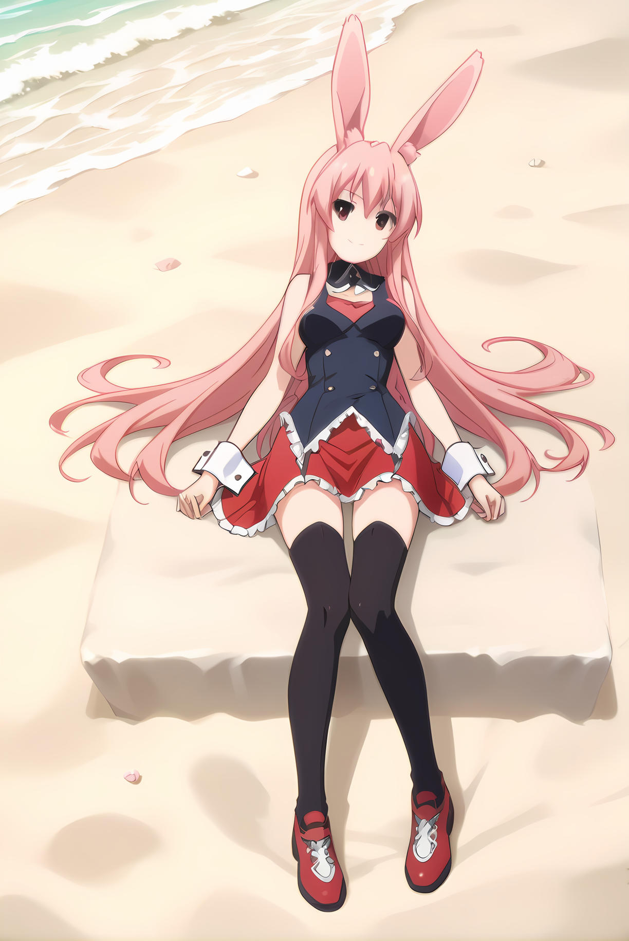 black collar black vest red mini skirt black thighhighs, mt-kurousagi, medium breasts, 1girl, solo, skinny, score_9, score_8_up, score_8, score_7_up, score_7, score_6_up, score_6, source_anime, (full body|sitting|standing|lying|), beach, light smile, pink hair, pink rabbit ears, pink rabbit tail <lora:mt-kurousagi-V01:0.70>