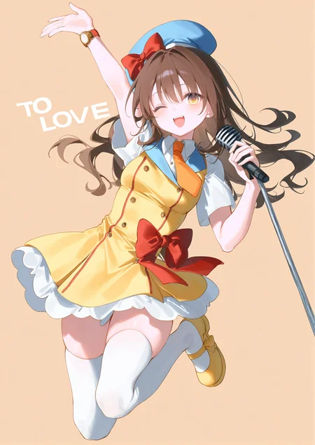 1girl,
yuuki mikan, to love-ru,
(toosaka asagi:1.1025), (ningen mame:0.907), (ciloranko:0.9524), sho \(sho lwlw\), (tianliang duohe fangdongye:0.8638), (rhasta:0.907),
upper teeth only, :d, white thighhighs, zettai ryouiki, wristwatch, yellow footwear, double-breasted, hand up, dress bow, idol, leg up, red bow, arm up, hat bow, copyright name, footwear bow, dot nose, brown eyes, mary janes, full body, hair bow, buttons, bow, watch, blue hat, looking at viewer, long hair, \n/, orange background, happy, microphone stand, solo, smile, short dress, holding microphone stand, dress, one eye closed, simple background, teeth, brown hair, breasts, shoes, holding, orange necktie, yellow hat, necktie, english text, jumping, medium breasts, yellow dress, hat, thighhighs,
masterpiece, best quality, newest, absurdres, highres