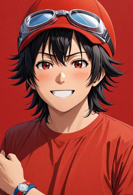 Highres, Masterpiece, High Quality, 4K, Yuusuke Fujisaki, 1boy, solo, black hair, T-Shirt, Look at The Viewer, angry, Smile, Realistic Light, passport_photo_style, Solid Color Background, red hat, goggles, bracelet, anklet